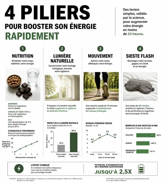 Infographie sur comment avoir de l'énergie rapidement : conseils nutrition, lumière et repos