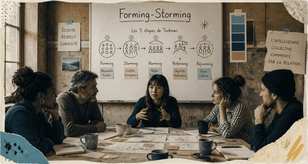 forming storming équipe autour table schéma Tuckman