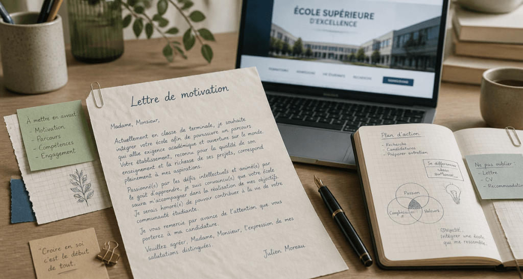 Lettre de motivation pour une ecole sur bureau avec carnet et ordinateur