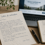 Lettre de motivation pour une ecole sur bureau avec carnet et ordinateur