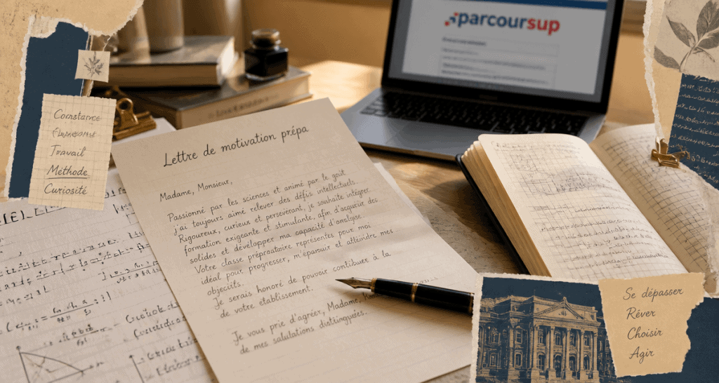 Lettre de motivation prepa en cours de rédaction sur bureau