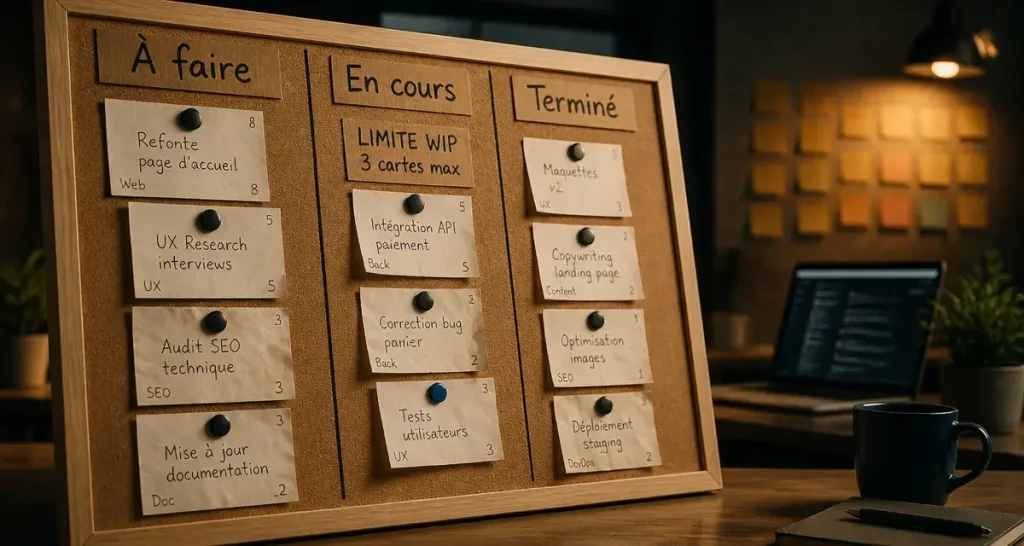 Agile Kanban : tableau avec limites WIP et colonnes À faire / En cours / Terminé