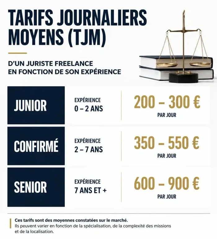 Tableau des tarifs et TJM d'un juriste freelance selon son niveau d'expérience
