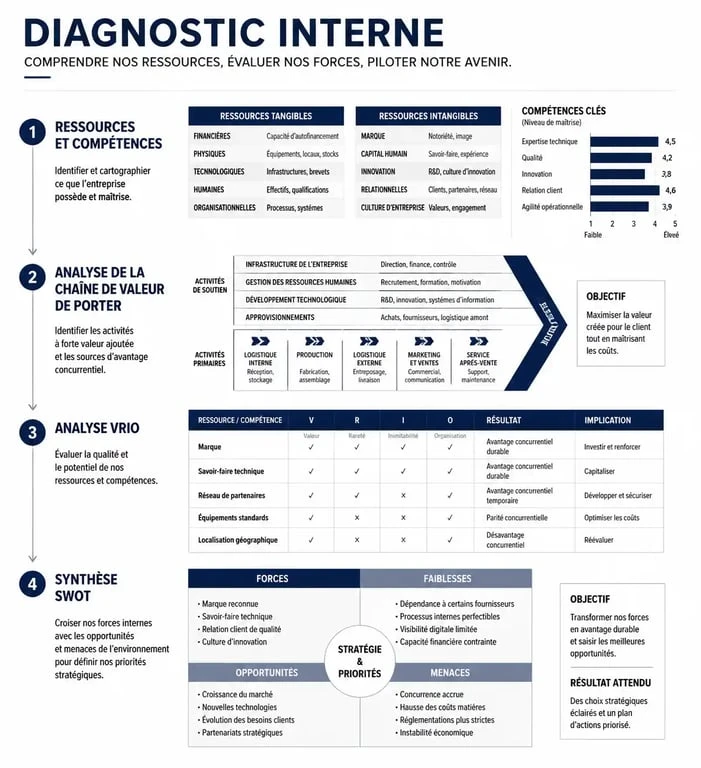Schéma du processus de diagnostic interne d'entreprise incluant ressources, compétences, outils VRIO et Porter pour une analyse stratégique efficace.