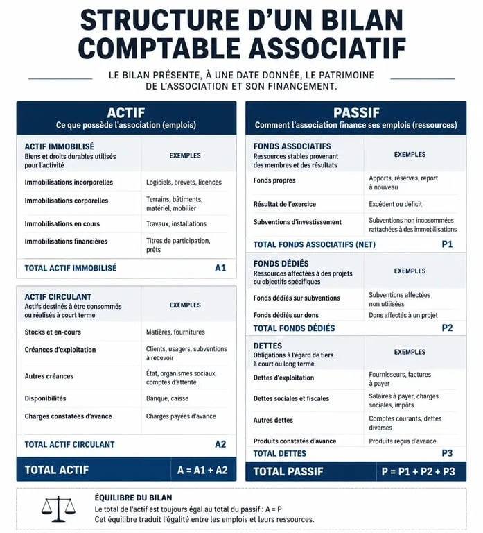 Schéma explicatif de la structure d'un bilan pour association : actif et passif
