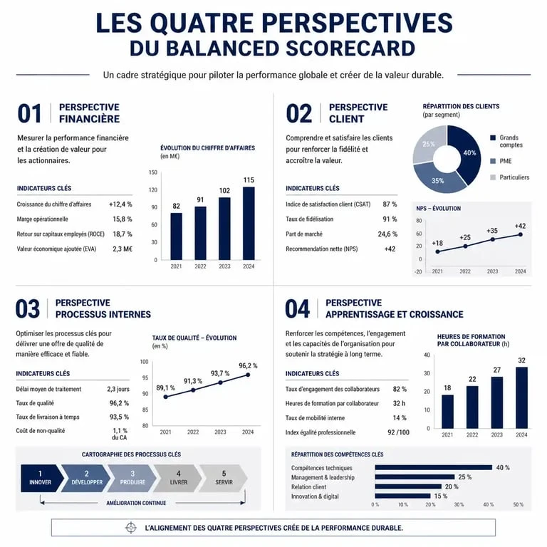 Infographie des 4 perspectives du Balanced Scorecard pour le pilotage stratégique