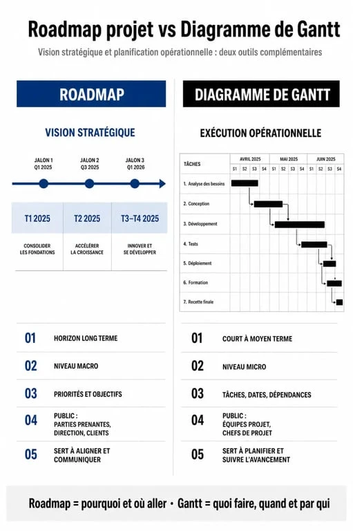 Infographie comparative entre une roadmap projet et un diagramme de Gantt pour la gestion de projet