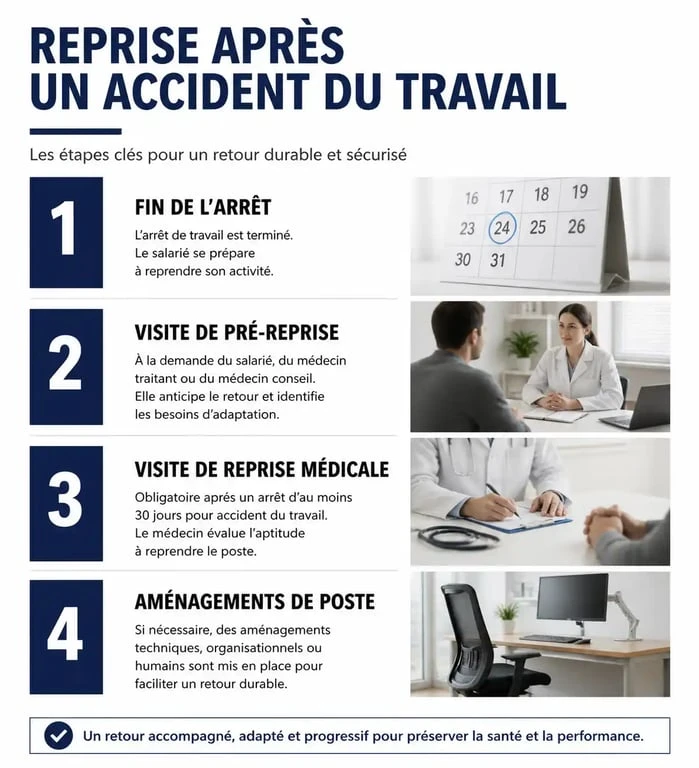 Infographie des étapes de la reprise après un accident de travail : démarches et visites médicales