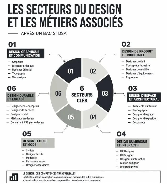 Infographie des débouchés professionnels après un bac STD2A : design graphique, architecture, mode, produit et numérique.