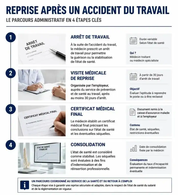 Infographie du parcours administratif de reprise après un accident du travail