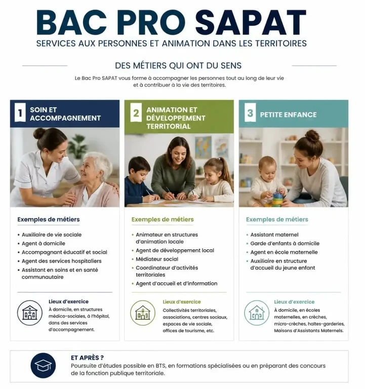 Infographie des métiers accessibles après un Bac Pro SAPAT : soin, animation et petite enfance