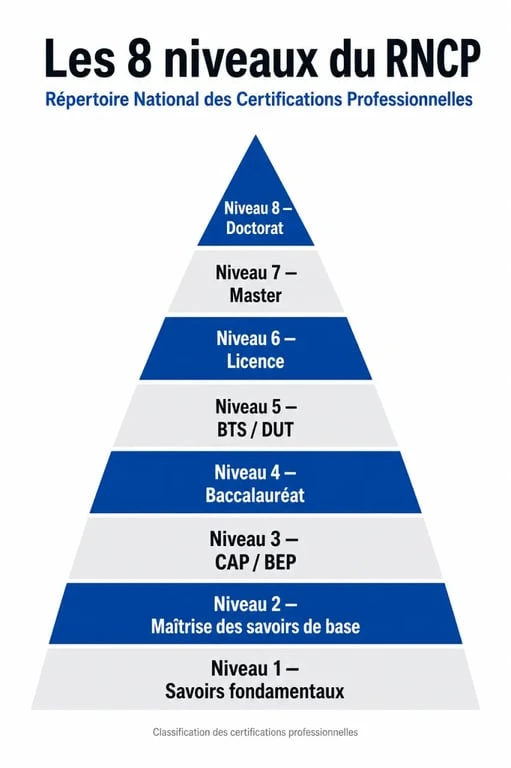 Infographie des niveaux RNCP : correspondances entre diplômes et niveaux de qualification professionnelle