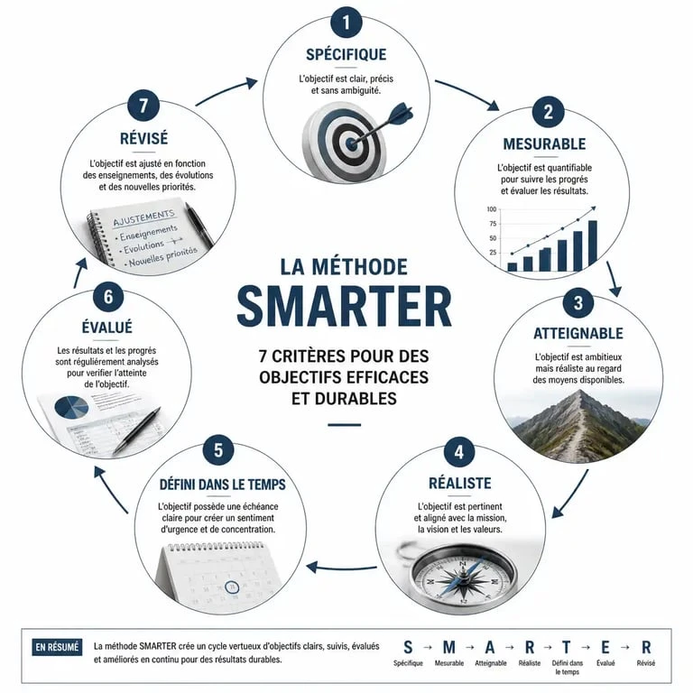 Infographie des 7 critères de la méthode SMARTER pour la fixation d'objectifs