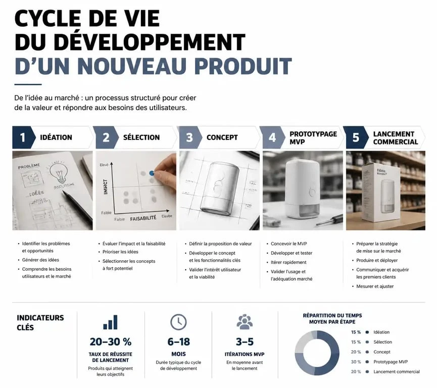 Schéma du processus de développement d'un nouveau produit : de l'idéation au lancement commercial