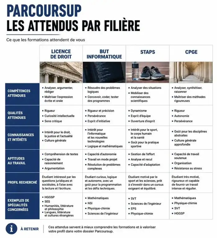 Tableau récapitulatif des attendus par filière pour une lettre de motivation Parcoursup