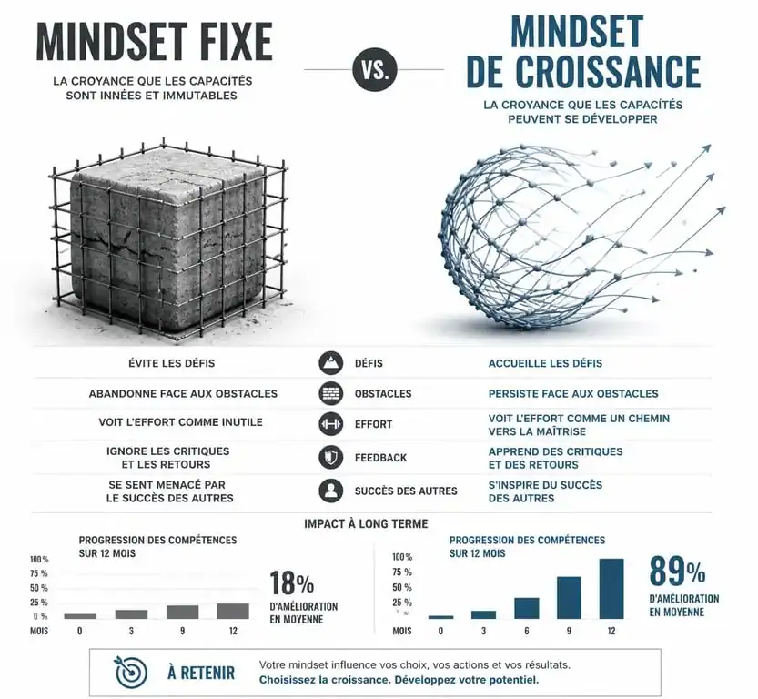 Infographie comparative illustrant les différences entre le mindset fixe et le mindset de croissance pour mieux comprendre les mindsets.