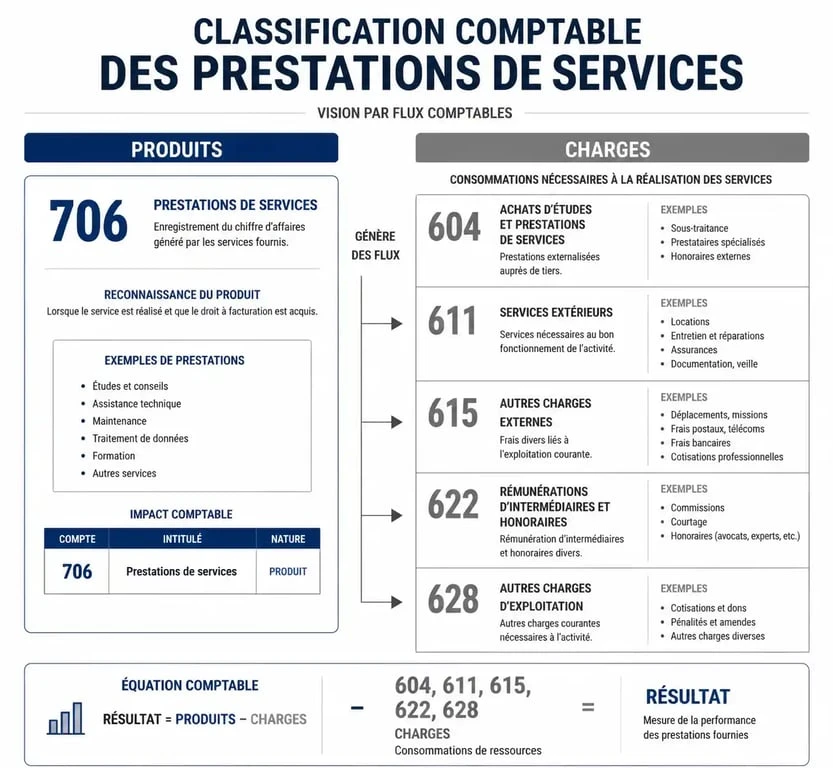 Tableau récapitulatif des comptes comptables pour les prestations de service, incluant les comptes 706, 604, 611 et 622.