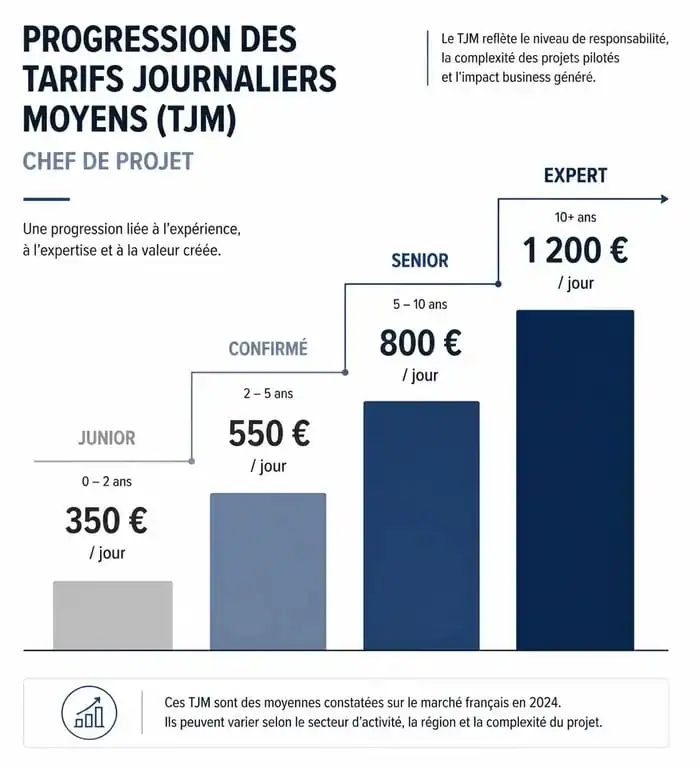 Graphique des tarifs journaliers moyens (TJM) d'un chef de projet selon l'expérience