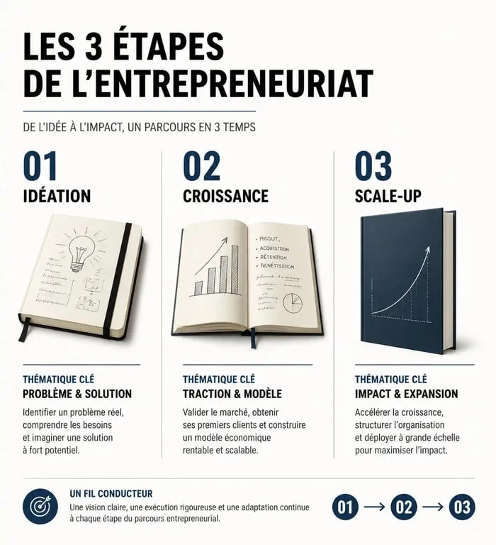Infographie sur les étapes de l'entrepreneuriat et les livres recommandés pour chaque phase de développement.