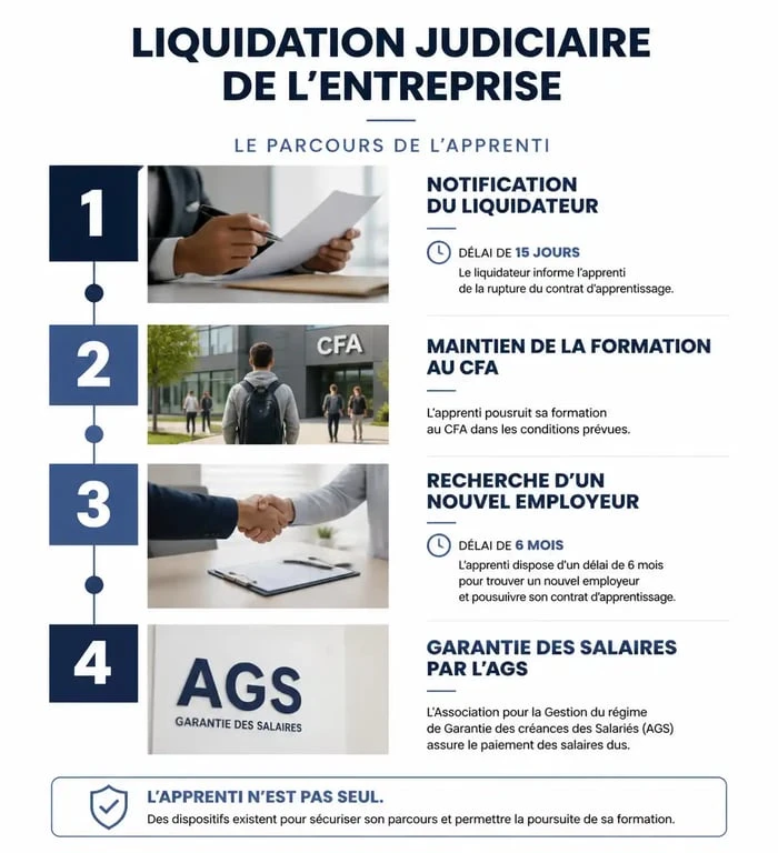 Infographie des étapes clés pour un apprenti dont l'entreprise ferme ses portes
