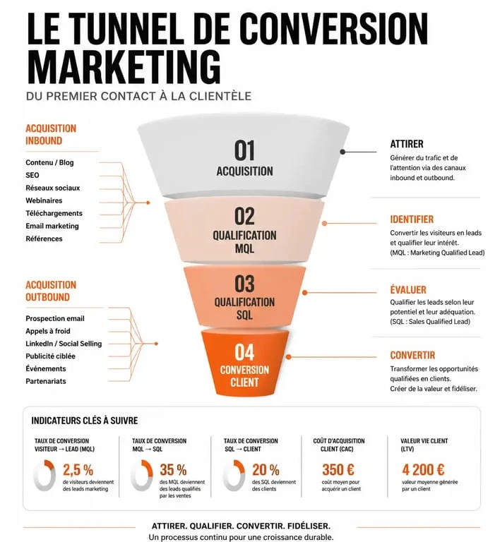 Infographie du tunnel de lead acquisition marketing : de l'attraction à la conversion client
