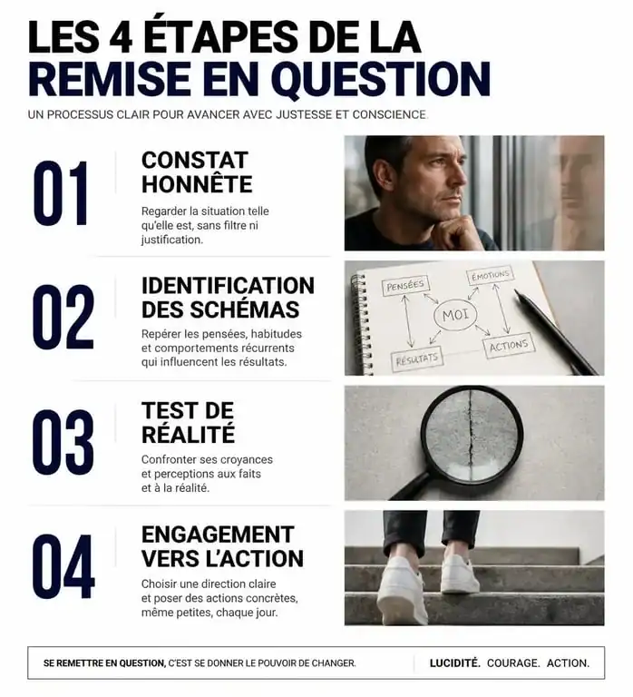 Infographie des 4 étapes clés pour réussir sa remise en question personnelle et professionnelle