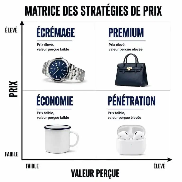 Matrice des stratégies de prix : positionnement selon la valeur perçue et le prix pour choisir sa stratégie de prix optimale.