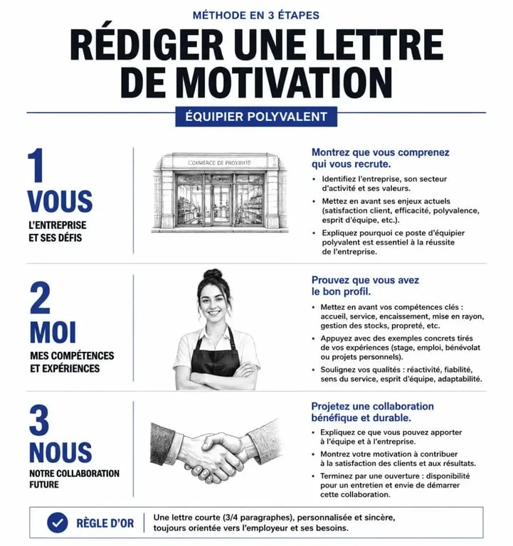 Infographie méthode rédaction lettre de motivation équipier polyvalent