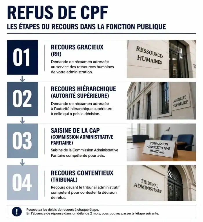 Infographie des étapes de recours suite à un refus de CPF dans la fonction publique