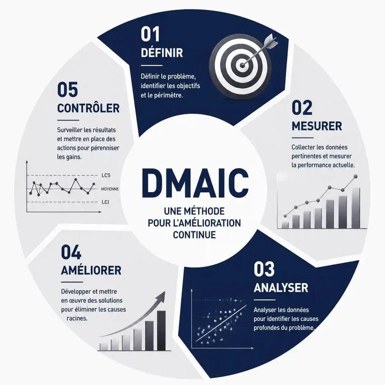 Schéma des cinq étapes de la méthode DMAIC pour l'amélioration des processus