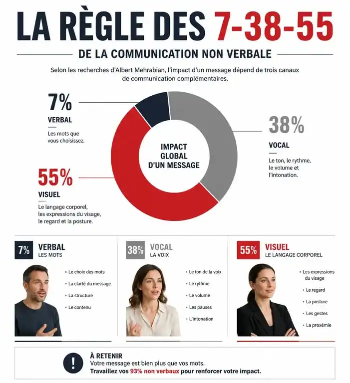 Infographie sur la communication verbale et non verbale illustrant la règle des 7-38-55