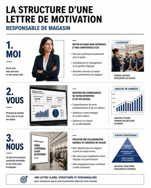 Infographie structure lettre de motivation responsable magasin