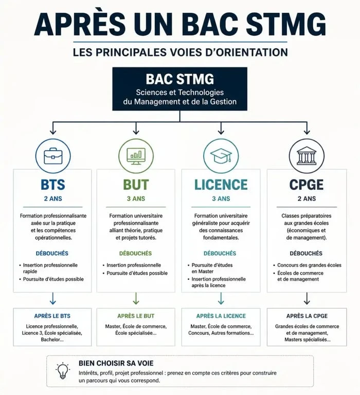 Infographie des débouchés et études après un bac STMG