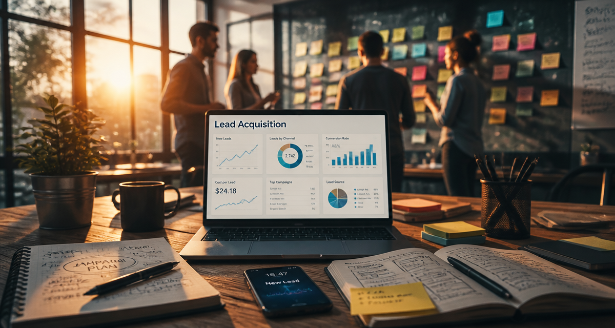 Open-space avec tableau de bord lead acquisition marketing