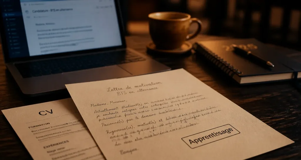Lettre de motivation pour bts en alternance sur papier, avec tampon Apprentissage et CV