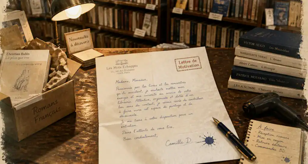 Lettre de motivation librairie sur comptoir en bois
