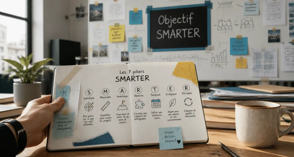Objectif SMARTER sur tableau blanc et carnet