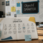 Objectif SMARTER sur tableau blanc et carnet