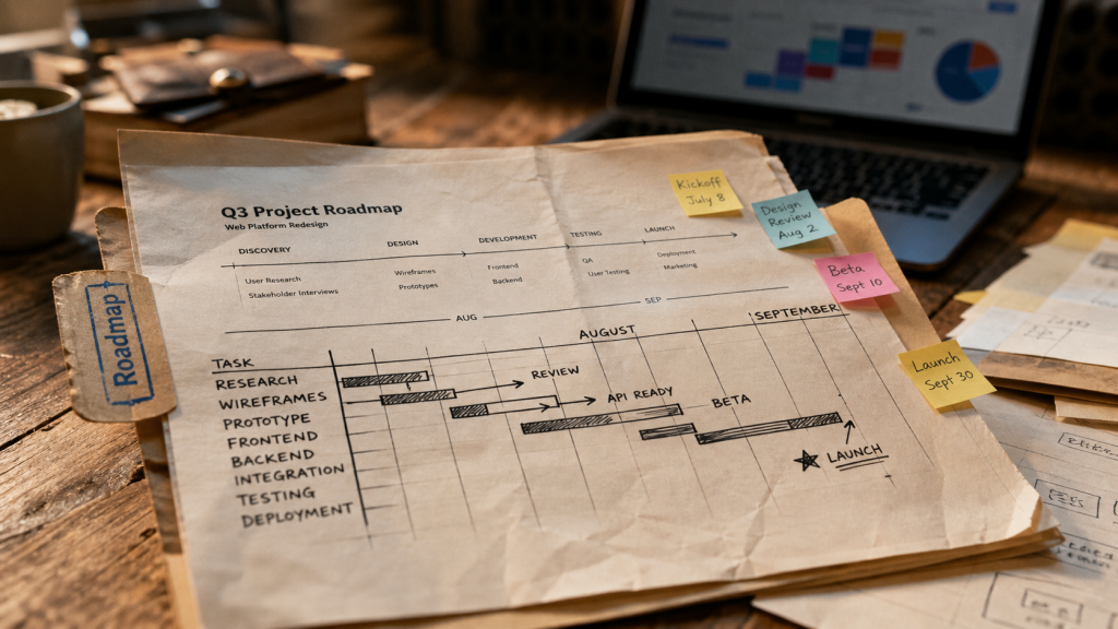 Roadmap projet sur table : plan Gantt, jalons et livrables