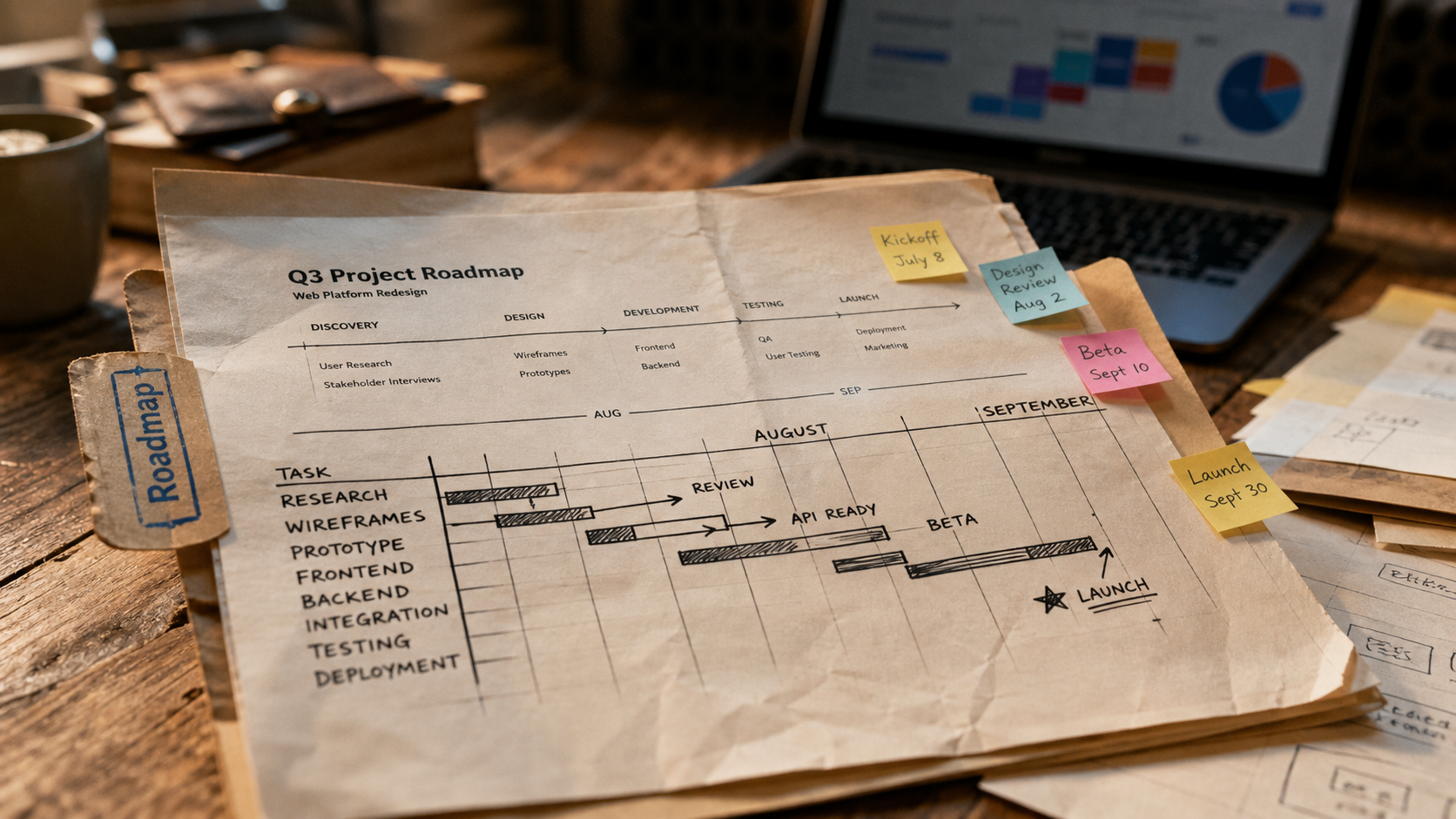 Roadmap projet sur table : plan Gantt, jalons et livrables