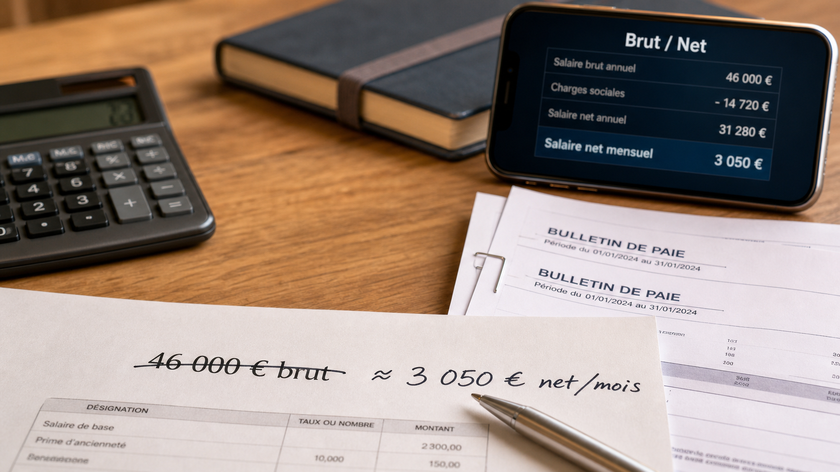 46k brut en net : 3 050 € net/mois, cadre ou non-cadre, calculatrice et fiche de paie