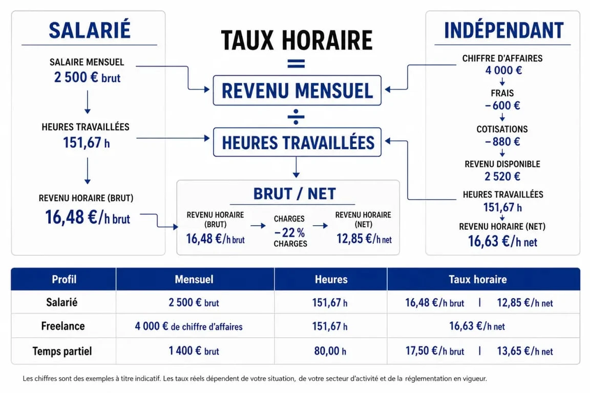 Comment calculer son taux horaire : schéma des étapes pour salarié et indépendant