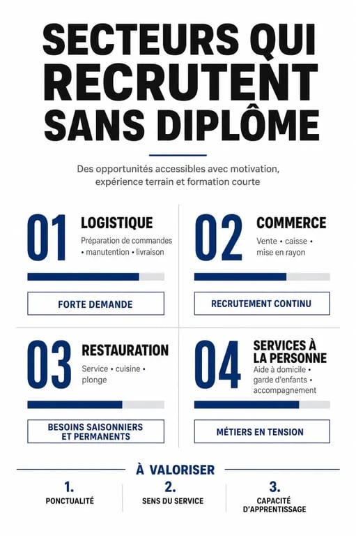 Infographie des secteurs qui recrutent sans diplôme pour trouver un travail rapidement