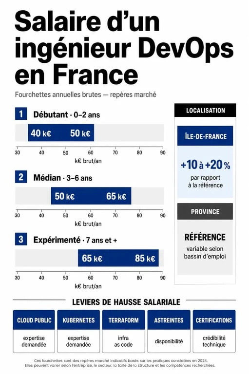 Infographie sur l’ingénieur devops salaire en France par expérience, région et compétences