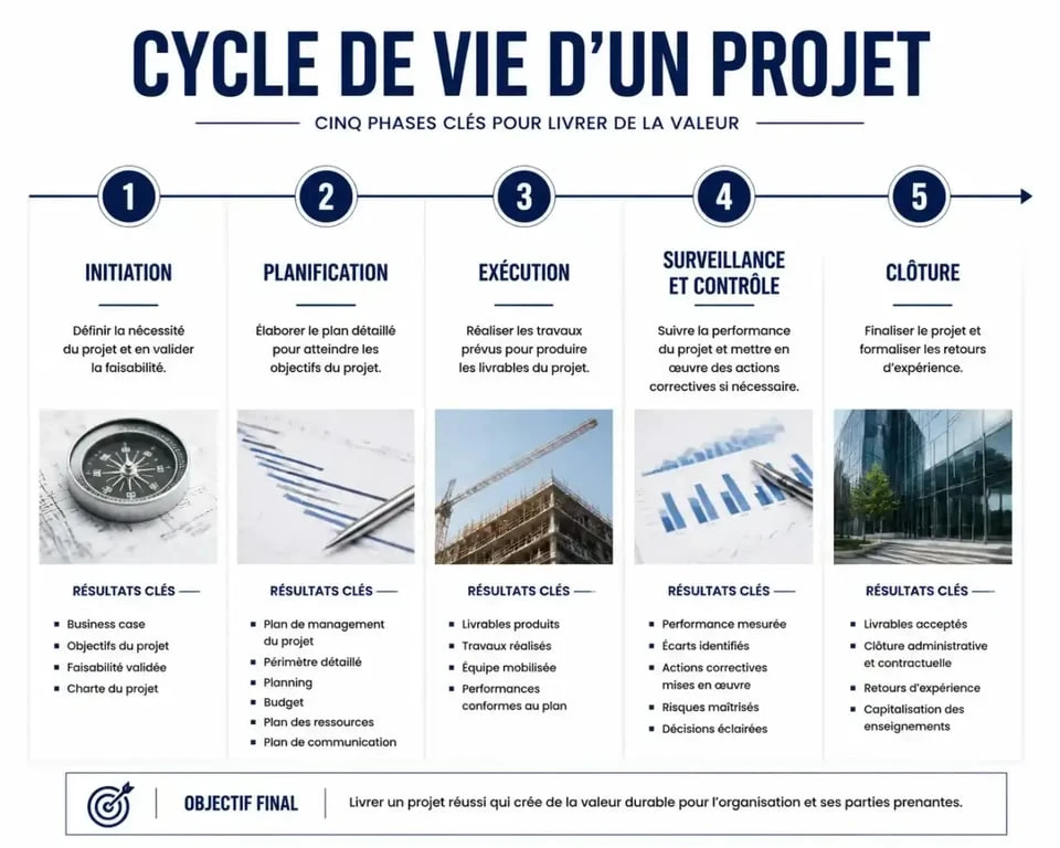Schéma illustrant les 5 phases du cycle de vie d'un projet : initiation, planification, exécution, suivi et clôture.