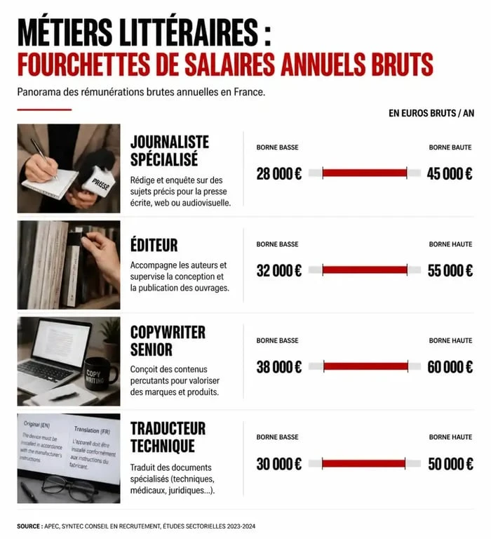 Infographie des salaires des métiers littéraires qui payent bien