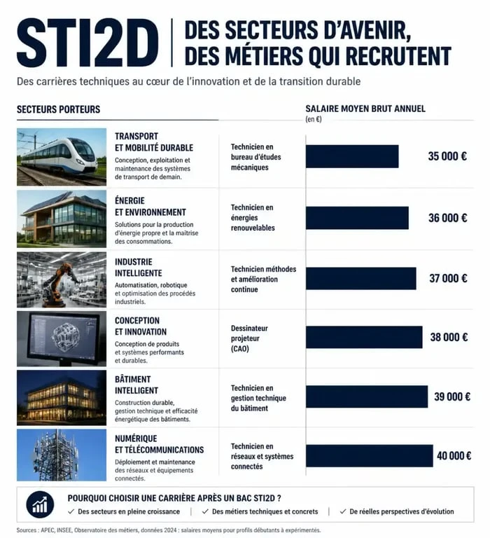 Infographie des métiers bien payés après un bac STI2D et secteurs porteurs