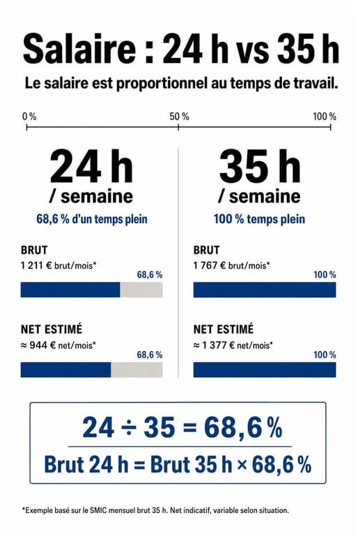 Infographie comparative du salaire brut et net pour un contrat de 24 heures par semaine par rapport à un temps plein.