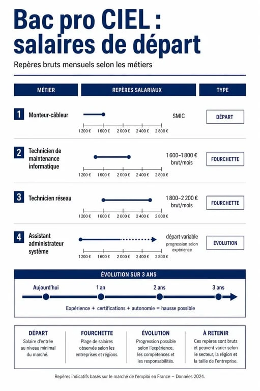 Infographie bac pro ciel salaire avec comparatif des métiers, des salaires de départ et de l'évolution de rémunération