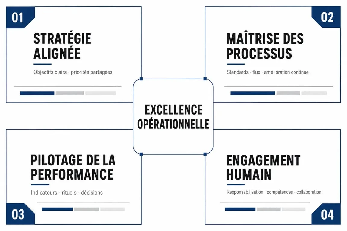 Infographie des piliers de l'excellence opérationnelle pour comprendre la définition de l'excellence opérationnelle en entreprise.